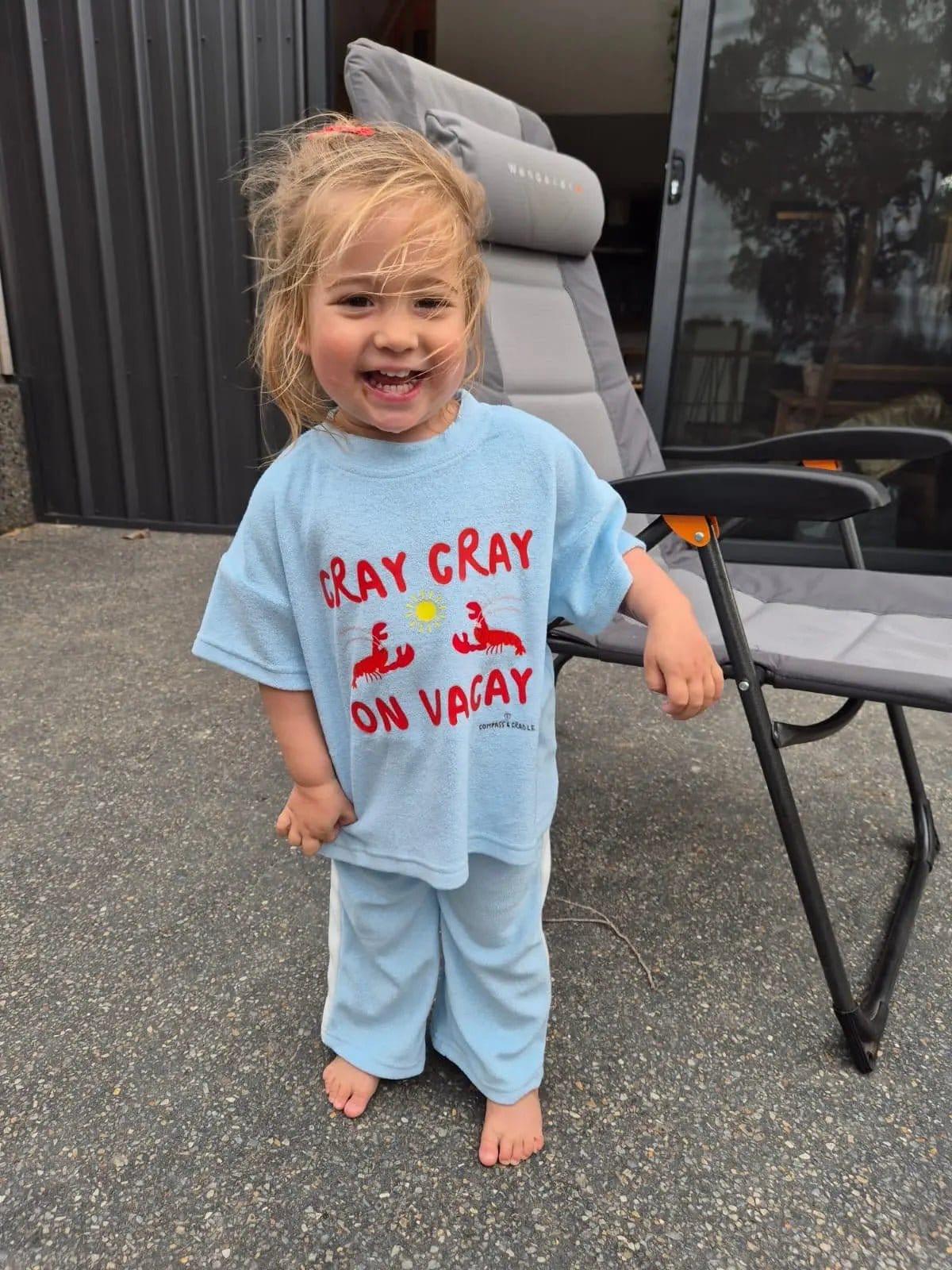 Cray Cray on Vacay Kids Summer pants Set | Crayfish Lobster Terry Cloth Sky Blue Compass & Cradle