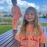 “Bay Bay Is Cray Cray” slogan on kids terry towel beach outfit