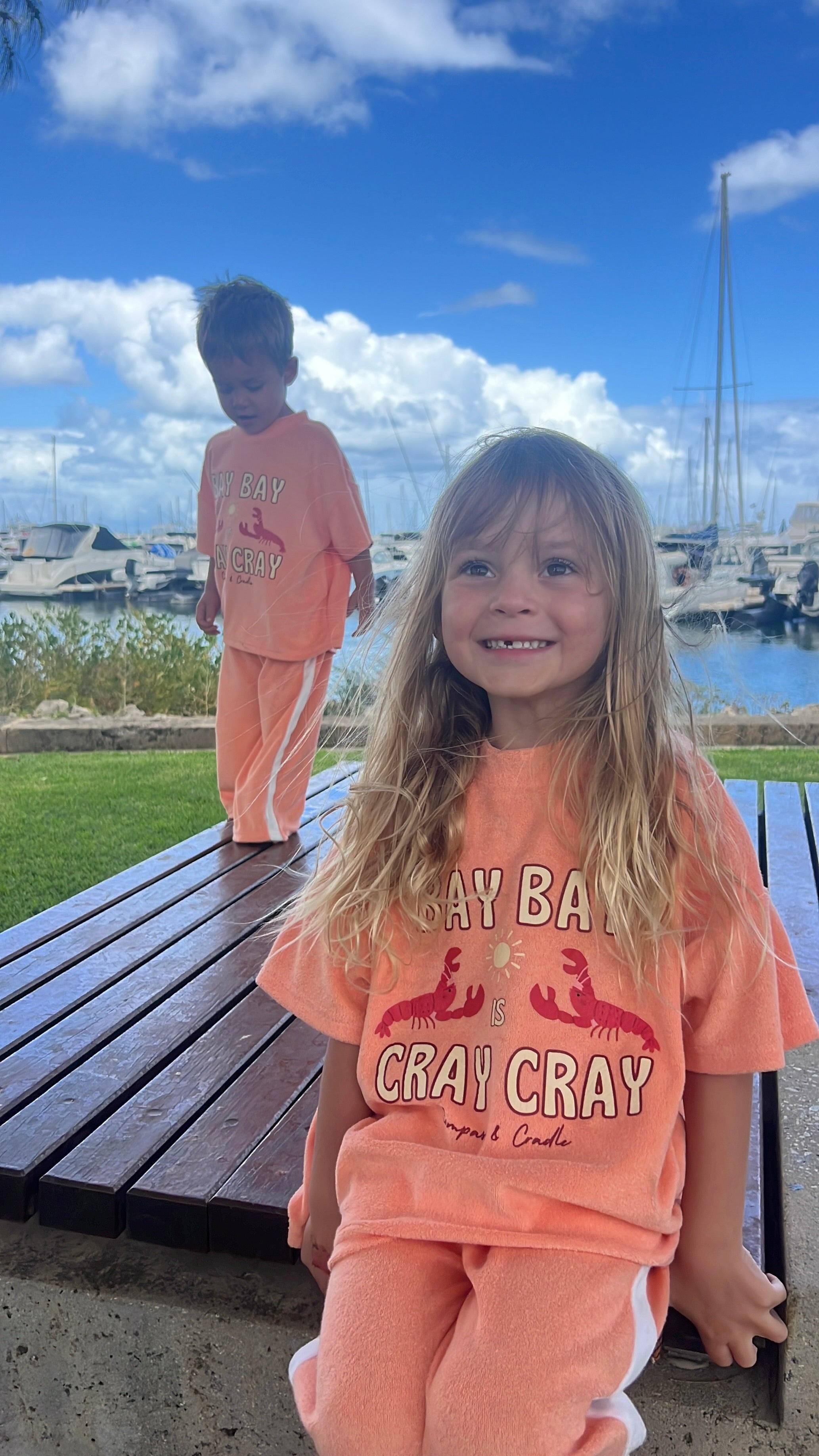 “Bay Bay Is Cray Cray” slogan on kids terry towel beach outfit