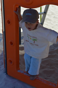 Kids summer beach shirt with ‘Tantrum Free Near a Palm Tree’ logo