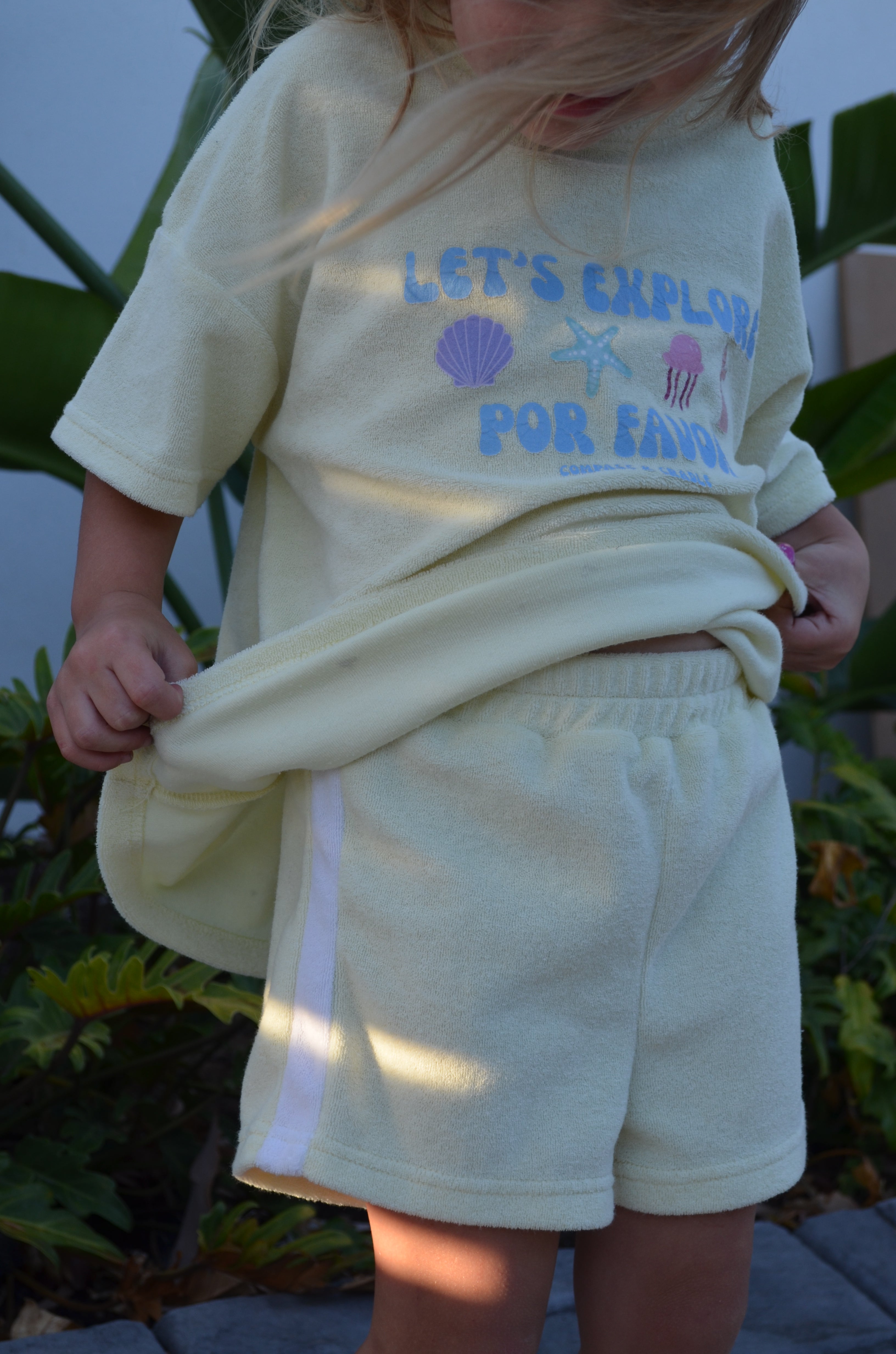Lemon yellow terry towelling kids shirt and shorts set with oversized fit for summer beach wear