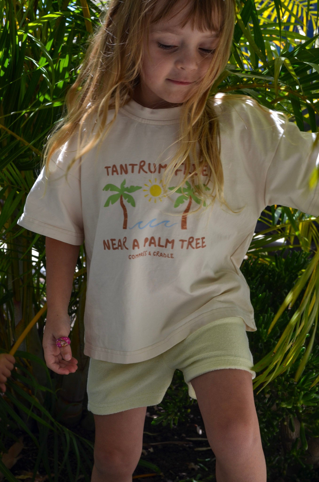 Tantrum Free Near a Palm Tree Kids summer T-shirt Beige Compass & Cradle