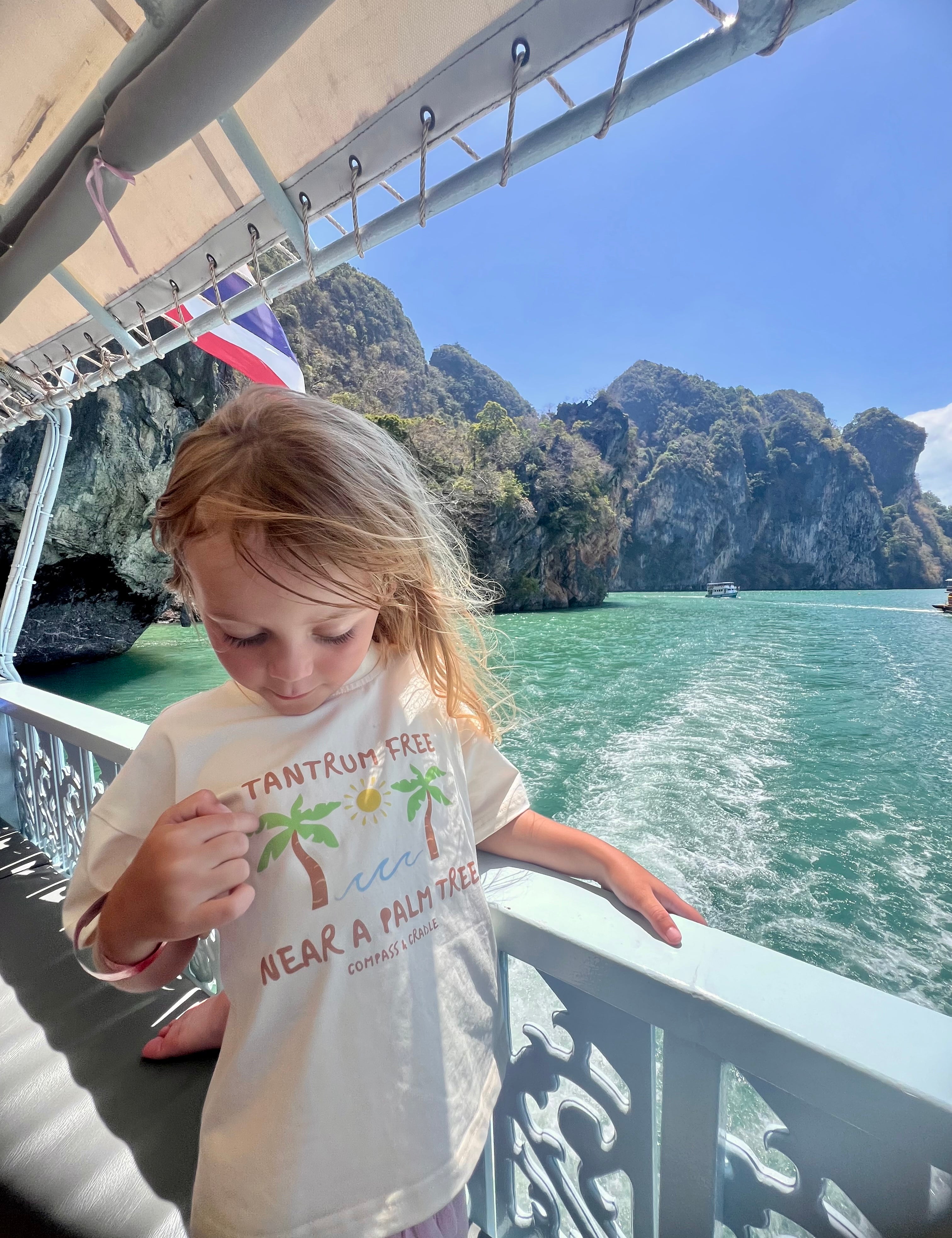 Tantrum Free Near a Palm Tree Kids summer T-shirt Beige - Compass & Cradle