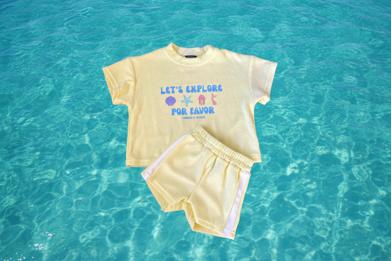 Let's Explore Por Favor |  Lemon Yellow | Terry Towelling Set| Premium Kids Wear - Compass & Cradle