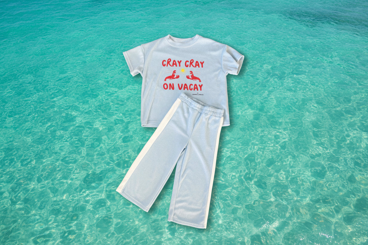 Cray Cray on Vacay | Kids Terry Toweling T-Shirt & Pants | Sky Blue - Compass & Cradle
