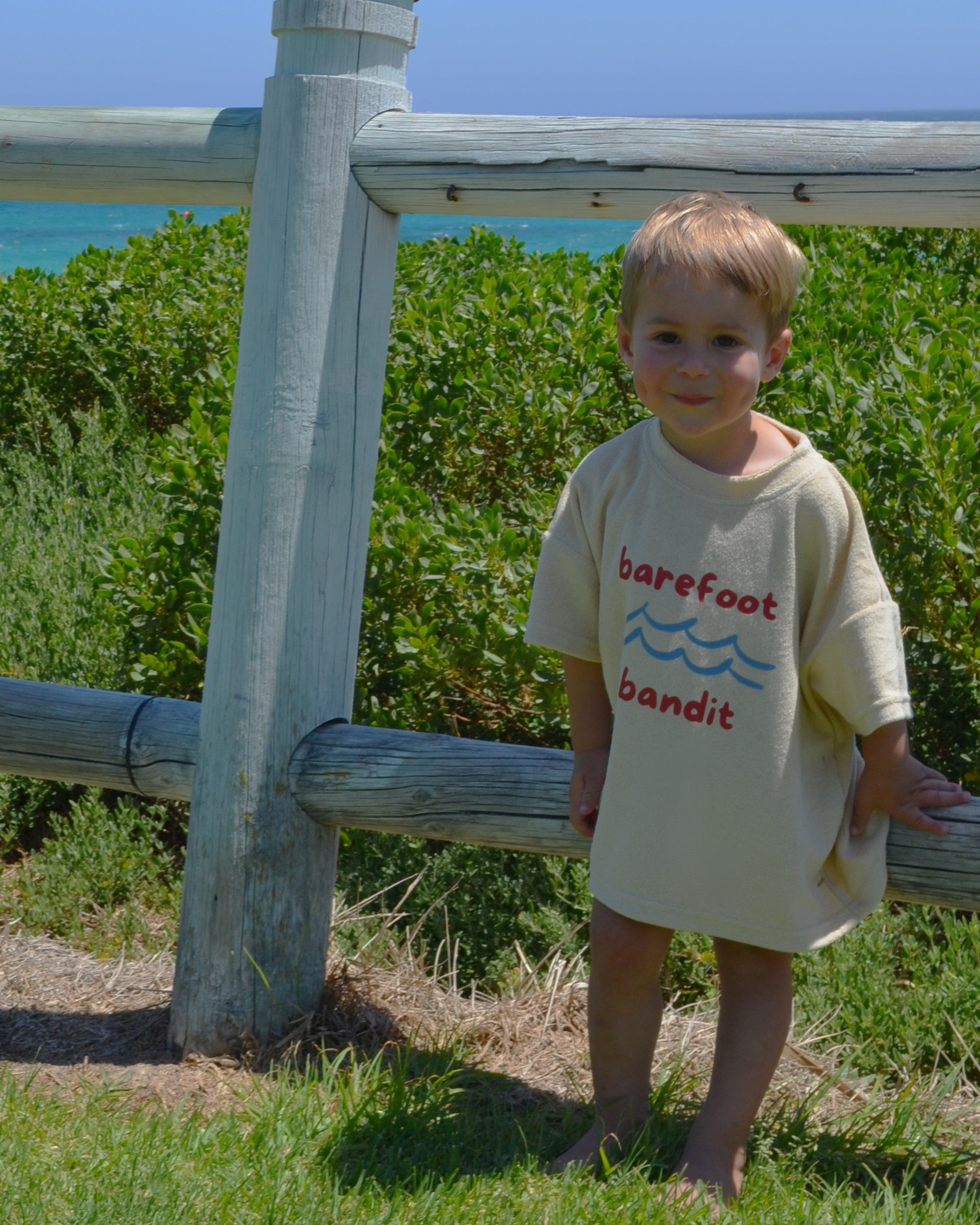Lightweight terry kids shirt ideal for summer with Barefoot Bandits logo